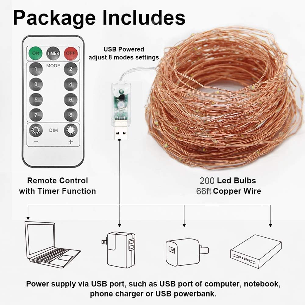 Twinkle Star 200 LED 66 FT Copper String Lights Fairy String Lights 8 Modes LED String Lights USB Powered with Remote Control for Christmas Tree Wedding Party Home Decoration, Warm White: Home Improvement