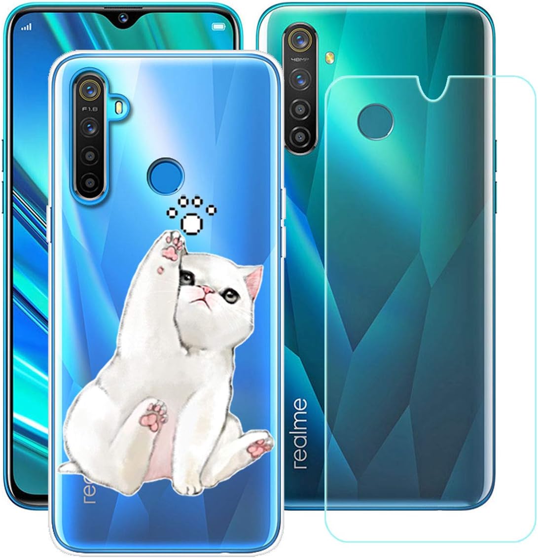 Case for Oppo Realme 5 Pro Cover + Screen Protector Tempered Glass Protective Film - YZKJ Flexible Soft Gel Crystal Transparent TPU Silicone Protection Case for Oppo Realme 5 Pro 6.3" - HY32