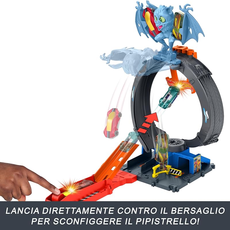 City 'Let's Race' Netflix - Loop Attacco del Pipistrello, pista con loop e lanciatore regolabile per sconfiggere il pipistrello, una macchinina Hot Wheels inclusa, 4+ anni, HTN78