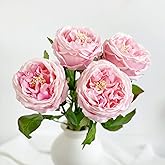 YalzoneMet 3.5'' Big Bloom Rose Artificial Flowers Light Pink 4Pcs Real Touch Rose Faux 17.7 Inch Long Stem Austen Roses Peonies Fake Flowers for Home Kitchen Party Christmas Flower Wedding Decor