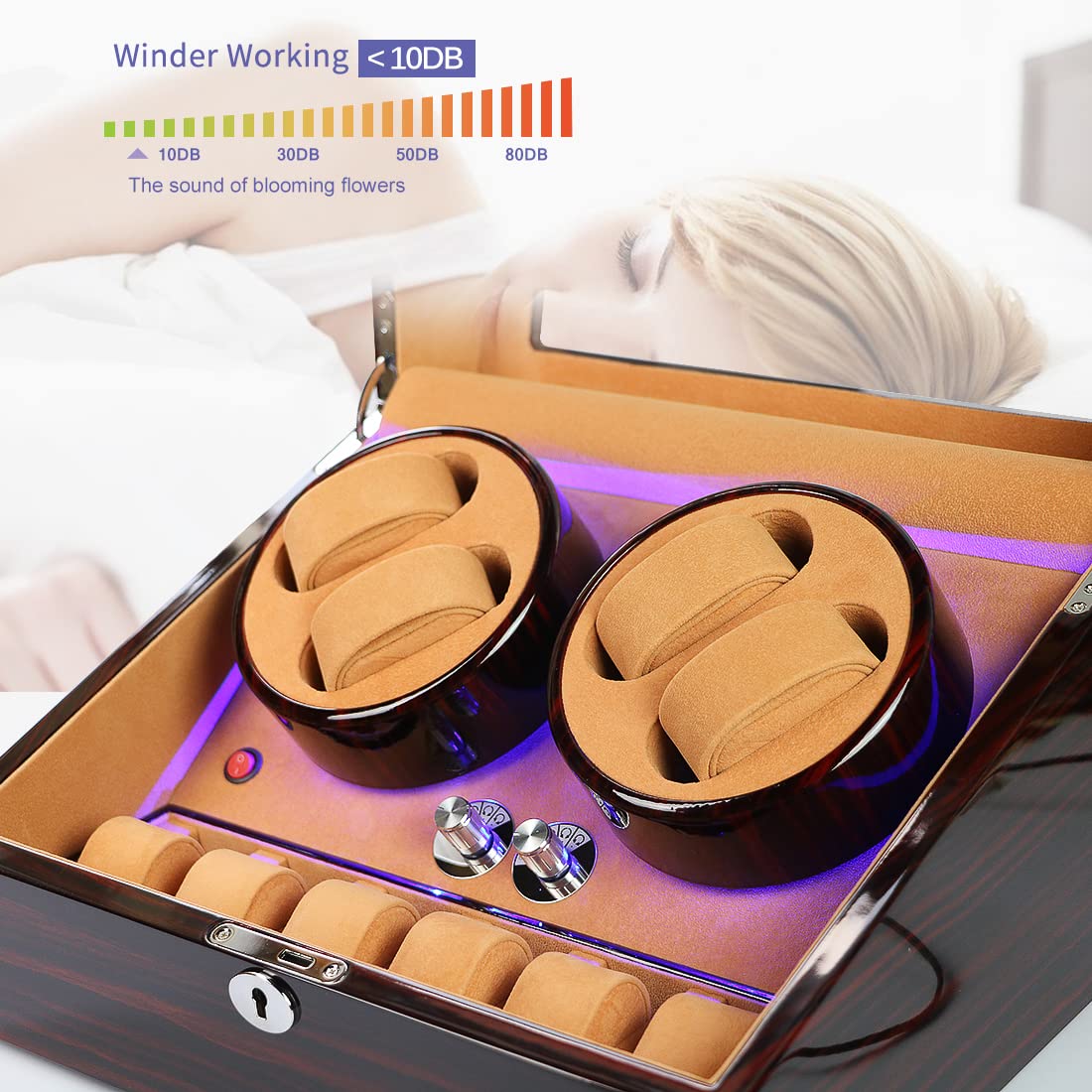 FRUCASE 4+6 Watch Winder for Automatic Watches, New Version, Wooden Box with High-end Velvet Interior and Battery Option