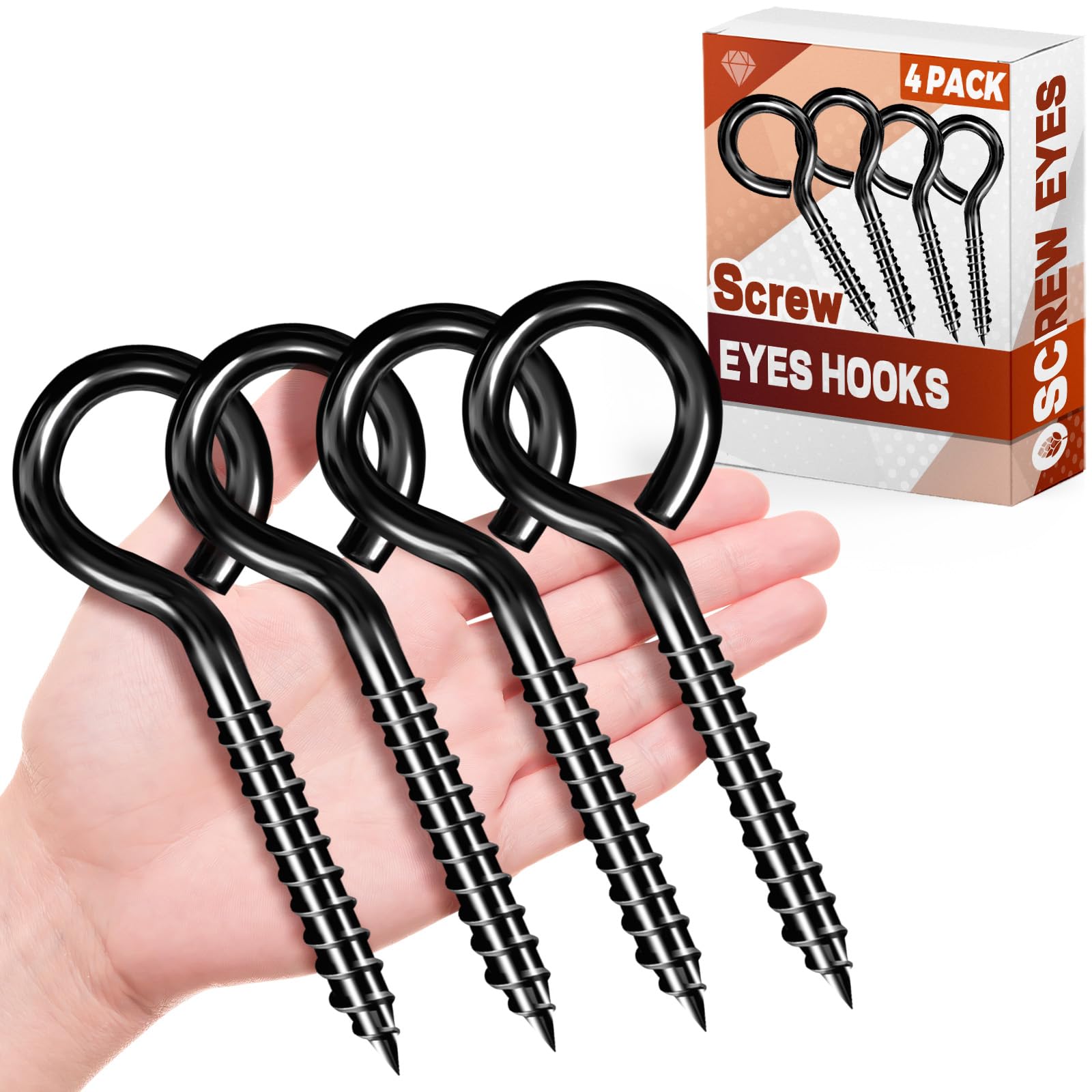 FFWHKON 6 Inch Heavy Duty Black Screw Eyes Hooks, 4PCS Screw in Eye Hooks for Wood Securing Cables Wire, Heavy Indoor & Outdoor Uses