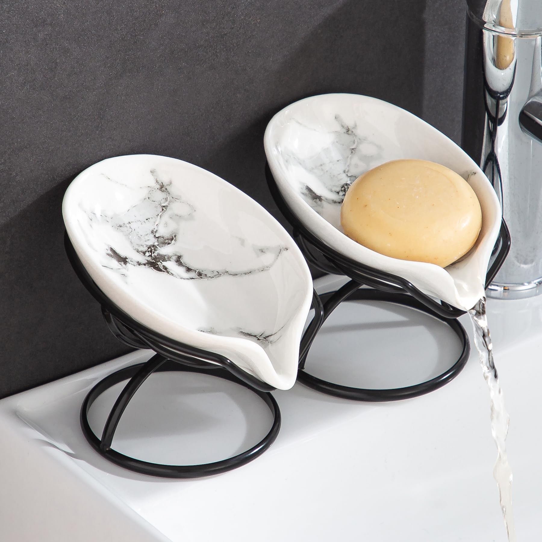 View 1 of **MISSING 1 DISH** Dobbyby Leaf-Shaped Soap Dish – Ceramic Soap Bar Holder with Self-Drainage System – Bar Soap Holder for Shower, Bathroom Sink, Kitchen – Soap Dish with Stainless Steel Stand (White-Black-2 Pack)