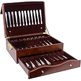 Silverware Storage Box,2 Layers Wooden Silverware Chest with Drawer,Silverware Case with Handle and Felt Lined,15.35" x 11.41" Flatware and Utensil Organizer for Kitchen,Black(Flatware Not Included)