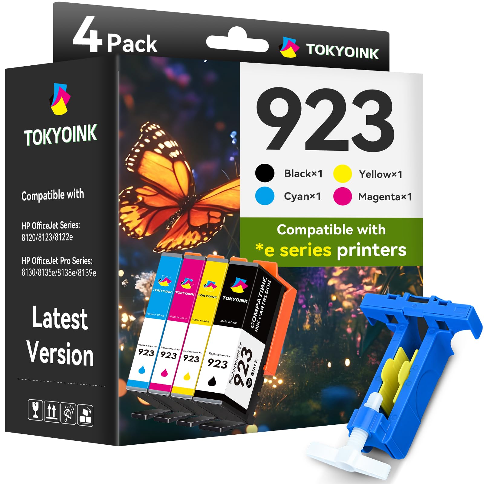 Photo 1 of TOKYOINK 923 Ink Cartridges Combo Pack Replacement for HP 923 HP923 Ink Cartridge Work for OfficeJet Pro 8120 8122 8122e 8123 8124 8125 8130 8132 8134 8135e 8138e 8139e Printer Without Chip (4 Pack)