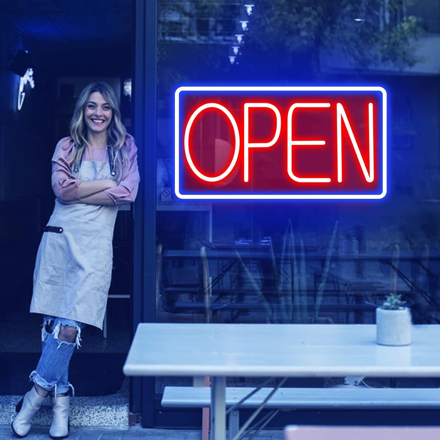 Photo 1 of Open Signs for Business Ultra Bright LED Neon Open Signs for Business Storefront Window Glass Door Shop Store Florists Bar Salon Pubs with ON/OFF Switch (Blue/Red, 32 Inch)