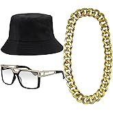 ONUPGO Hip Hop Costume Kit 80s/90s Rapper Accessories Bucket Hat Sunglasses Gold Chain Necklace Outfit for Men Women