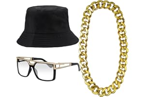 ONUPGO Hip Hop Costume Kit 80s/90s Rapper Accessories Bucket Hat Sunglasses Gold Chain Necklace Outfit for Men Women…