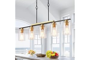 UNICOZOHOME Dining Room Light Fixture/Chandelier Over Table, 5-Light Kitchen Island Lighting Hanging for Farmhouse Linear Chandeliers Black and Gold Ceiling Pendant Light Fixtures with Clear Glass Shade