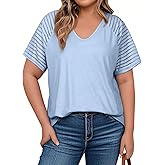 Eytino Women Plus Size Tops Casual Solid Short Sleeve V Neck Striped Mesh Patchwork Loose Blouse Shirts(1X-5X)