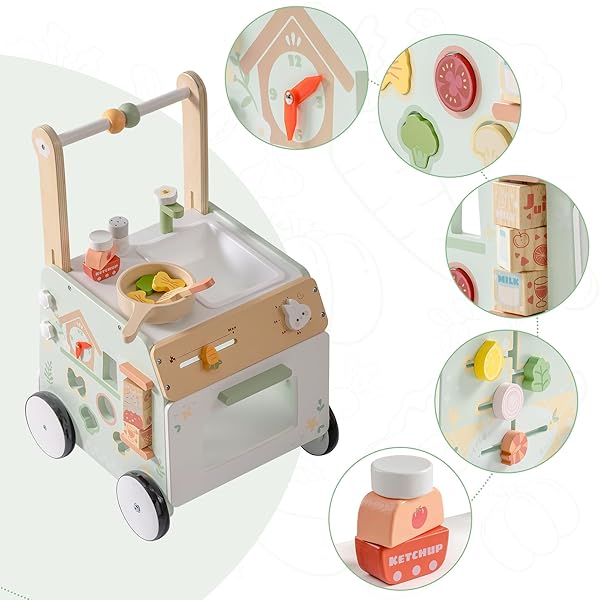 ROBOTIME BABY WALKER PUSH TOY, ADJUSTABLE HEIGHT & SPEED, PREVENTS BOW LEGS, SPRING GARDEN ACTIVITY CENTER WITH CLOCK, SHAPE SORTER, PLAY KITCHEN, AND SINK, IDEAL TODDLER WALKING TOY FOR 10+ MONTHS