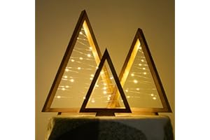 GENMOUS & CO. GENMOUS 3 Pcs Wooden Christmas Trees, Small Farmhouse Tabletop Christmas Decor with Light, Triangle Christmas Tree Shaped Decoration for Fireplace Mantel Shelf, Rustic Indoor Bedroom Holiday Decor