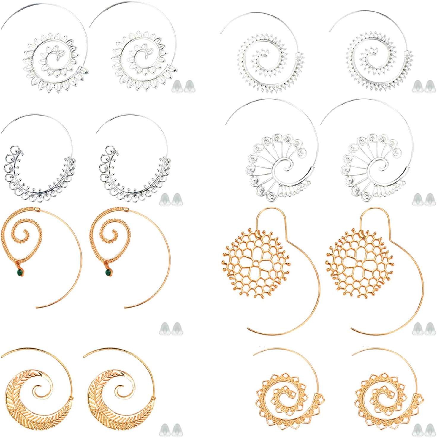 Spiral Bohemian Earrings, Women Tribal Swirl Hoop Vintage Earrings Set, 8 Pairs (Gold + Silver)