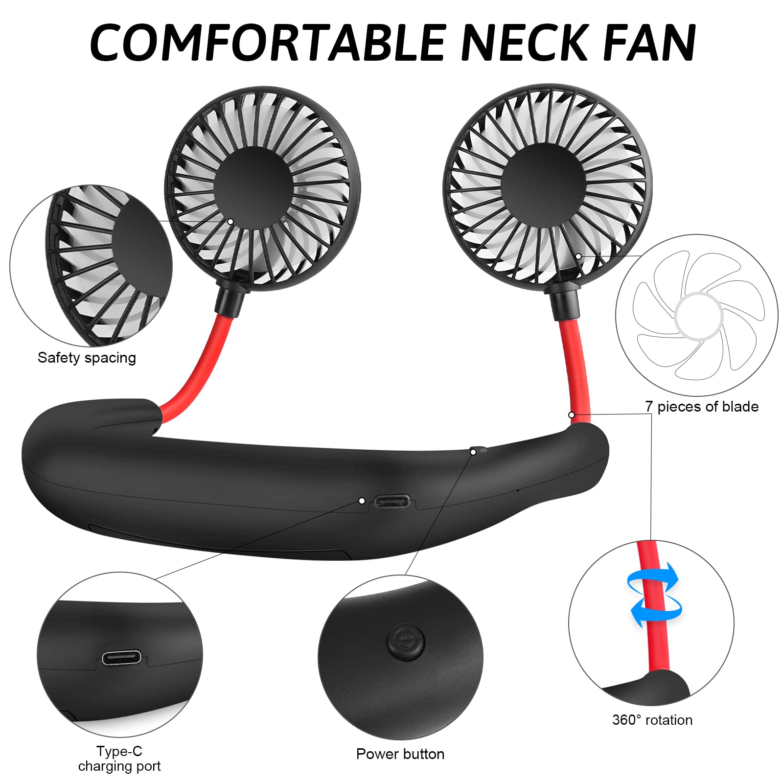 Haomaomao Portable Neck Fan 2500 mAh Rechargeable USB Hands-Free Mini Face Cooling Personal Double Headed Rotatable Small Fan for Working Office Reading Traveling Outdoor Sport