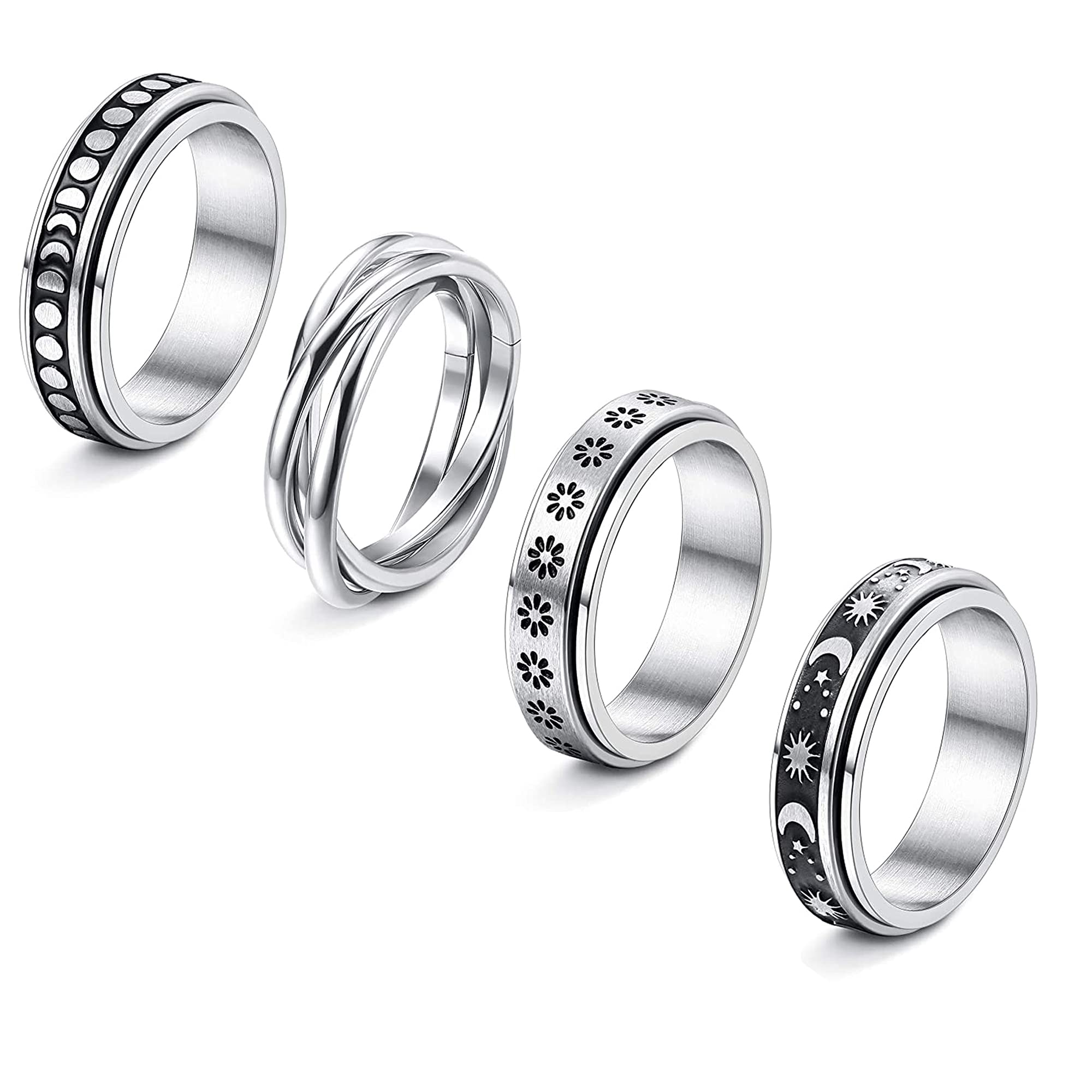 CASSIECA 4 Pcs Stainless Steel Fidget Rings for