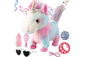 HCDOUJOY Colorful Walking Unicorn Toy Set Singing Dancing Electronic Plush Unicorn with Control Leash Realistic Footsteps Nodding Tail Wagging Musical, Dress Up Cute Wings Animated Stuffed Gift for Kid Girl