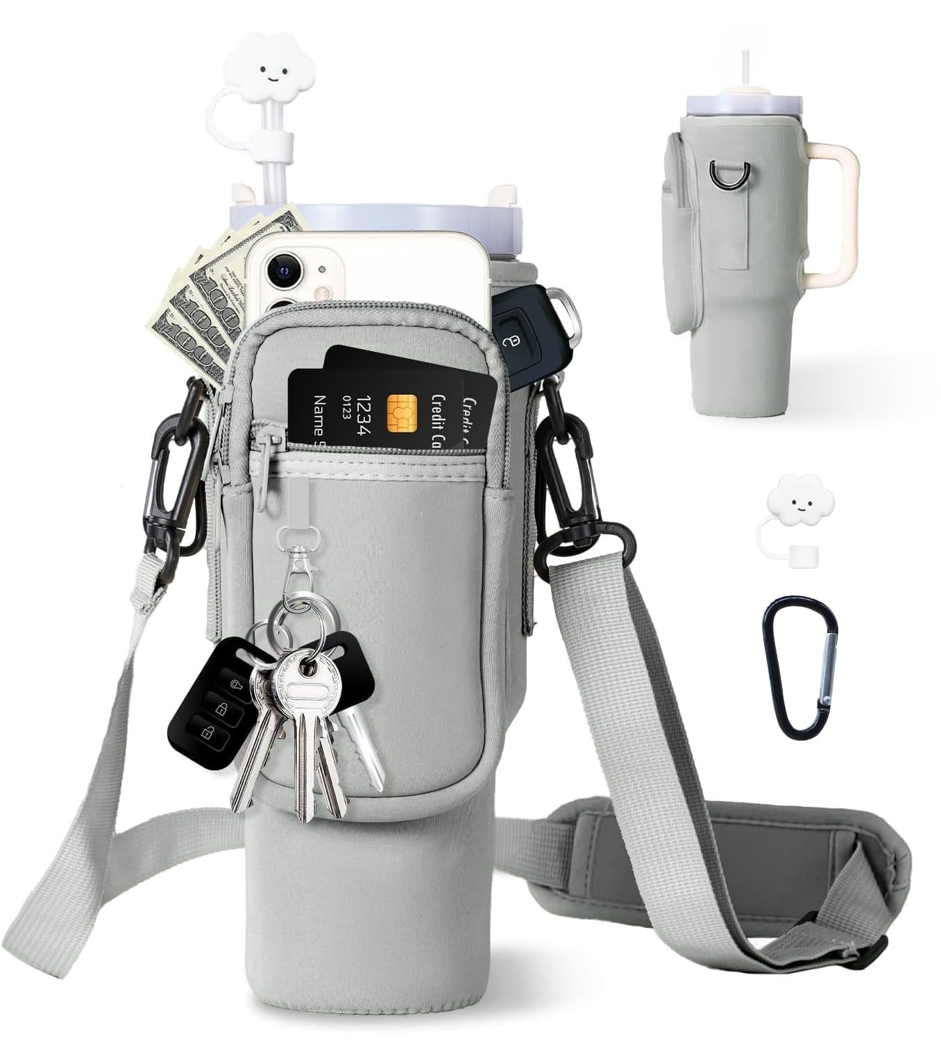 dabria Water Bottle Carrier Bag with Phone Pocket for Stanley 40/30 oz Tumbler Neoprene Water Bottle Holder Pouch with Adjustable Strap Bollus with Straw Cover & Carabiner for Stanley Cup Accessories