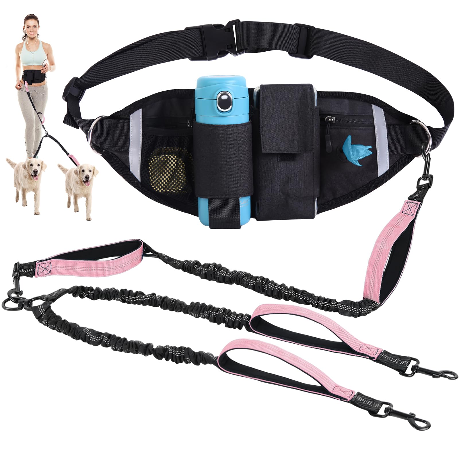 Photo 1 of Hands Free Dog Leash with Adjustable Waist Belt, Double Waist Leash for Two Dog Walking Training Jogging, Double-Leashes for Two Large Dogs, Dual Padded Handles Pet Running-Leashes Hands Free(Pink)