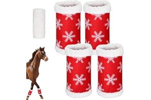 4Pcs Horse Leg Wraps Christmas Themed Red Design Horse Leg Wraps Soft Thick Plush Lining Standing for Horses with Loop-and-Ho