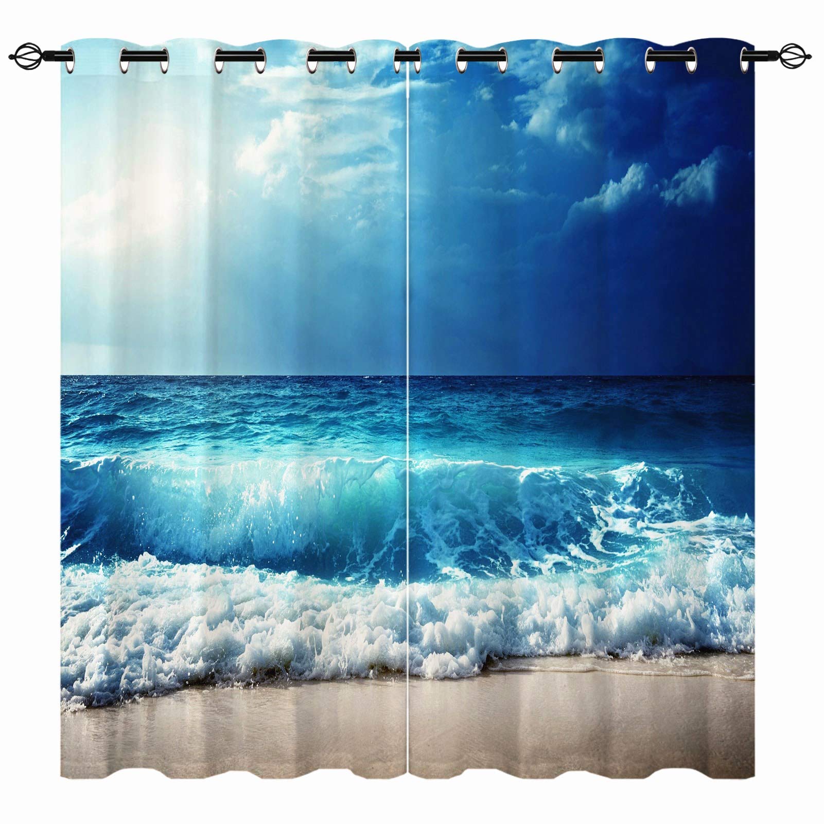 YUANZU Beach Curtains, Ocean Theme Tropical Summer Hawaiian Blue Sea Waves Scenery Pattern Eyelet Thermal Insulated Blackout 3D Print Window Drapes for Bedroom Living Room 2 Panels W117cm x D137cm