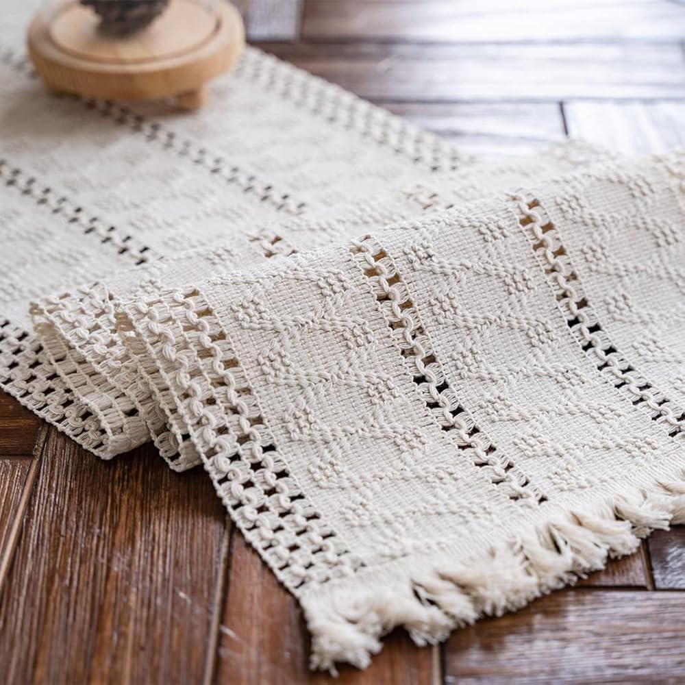 Weldomcor Macrame Table Runner Cream Beige 30x120cm with Tassels