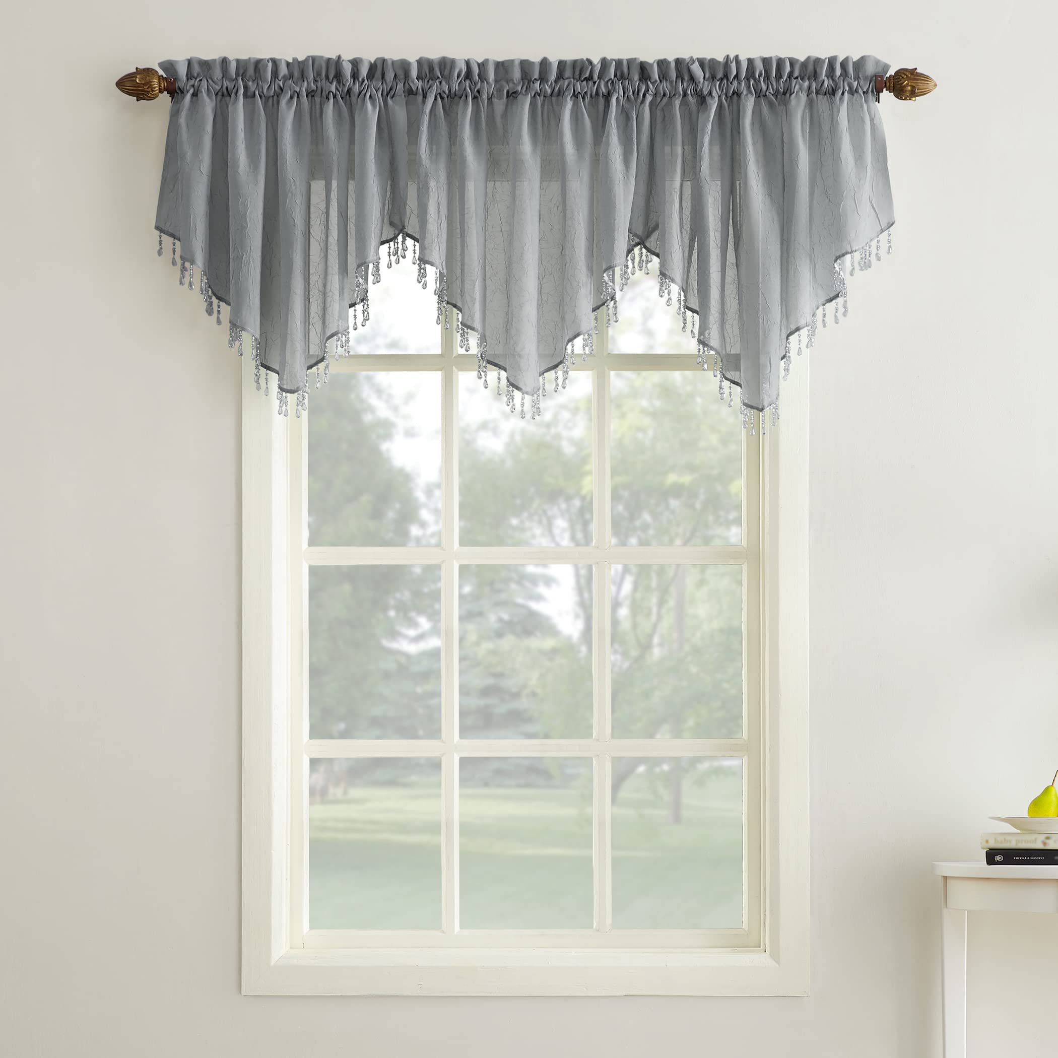 No. 918 Erica Crushed Voile Ascot Beaded Sheer Rod Pocket Curtain Set, 153" x 24", Charcoal
