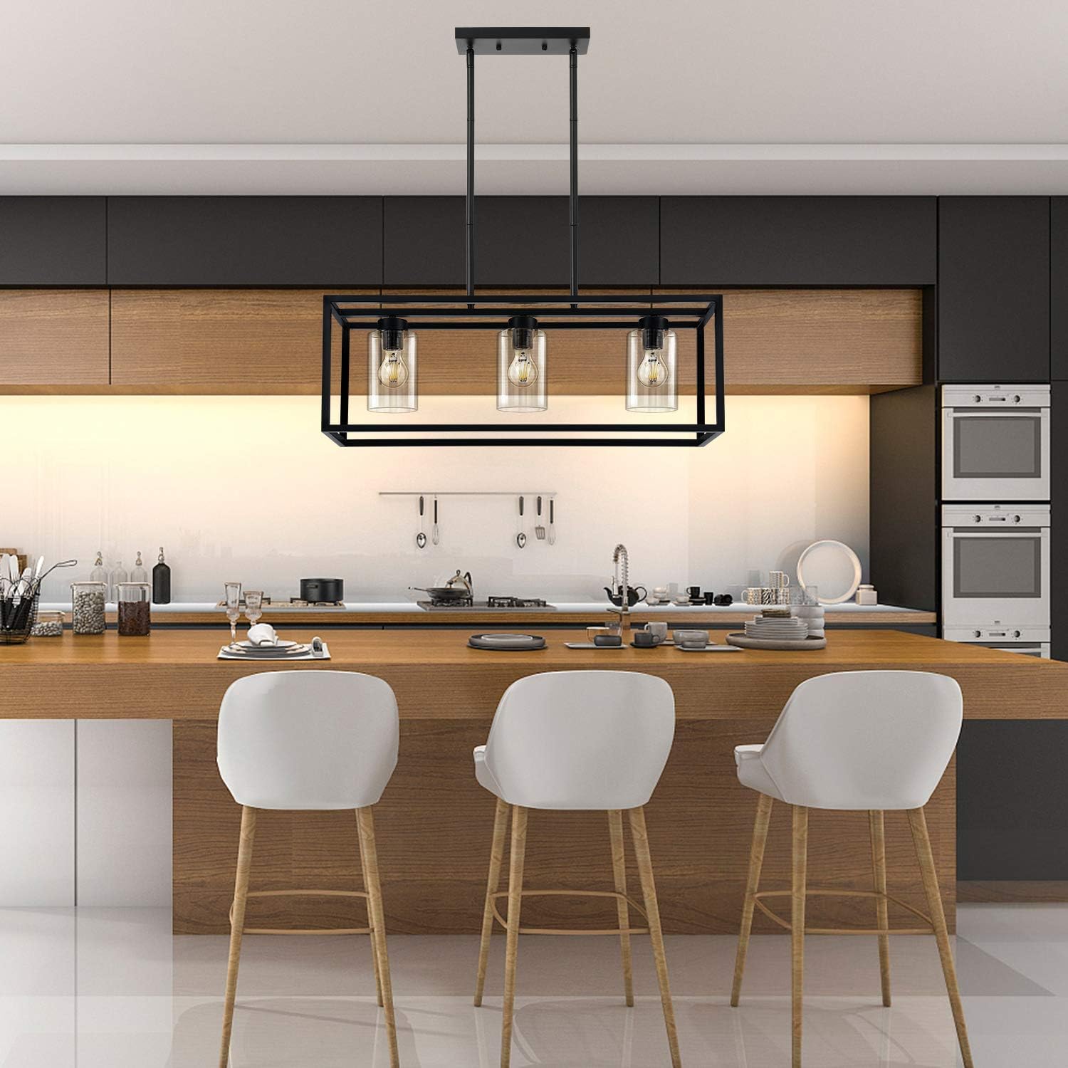 KEDSUM 3 Lights Farmhouse Kitchen Island Lights, Modern Chandeliers Rectangle Black Pendant Lighting for Dinging Room, Hanging Linear Cage Island Lighting with Clear Glass Shade and Adjustable Rods - - 
