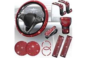 TNAIYH 11PCS/Set Bling Car Accessories Set for Women, Rhinestone Vehicle Steering Wheel Cover Seat Belt Cushion Gear Shift Protector Cup Holder Coaster, Universal Automotive Accessories (Red)