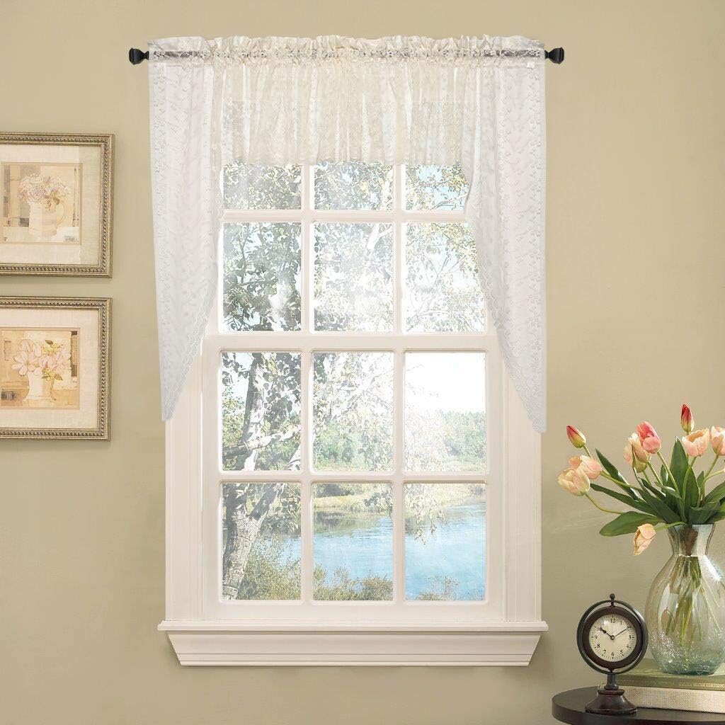 BED BATH N MORE Elegant Ivory Priscilla Lace Kitchen Curtain Pieces- Tier, Swag and Valance Options 60 x 38