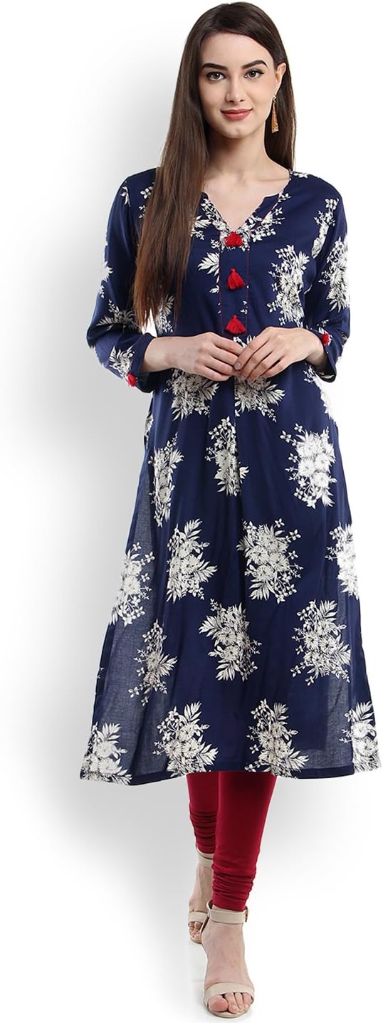 Hiral Designer mall Women Design Navy Printed Straight Kurta party ware Kurti for Women Tunic Top r 3/4 Sleeve Dress. … (L)