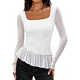 MEROKEETY Women's Long Sleeve Square Neck Tops Ruched Fall Trendy Tee Shirts Asymmetrical Going Out Top