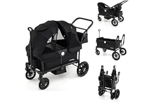 BABY JOY Wagon Stroller for 2 Kids, Collapsible Push Pull Double Stroller Wagon with Adjustable Handle Bar, Removable Canopy, Safety Harness, Cup Holder, Snack Tray & Storage Bag (Black)