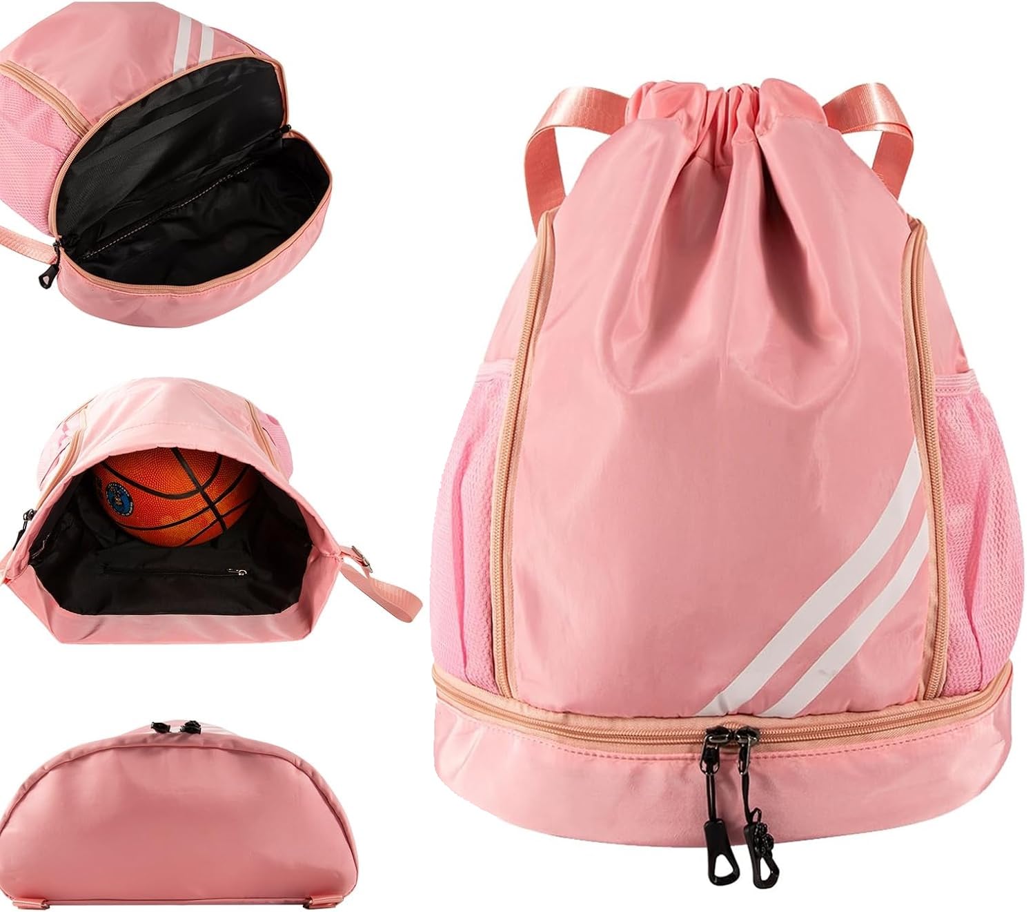 HFCOONY Swimming Bags for Girls Kids, Pink Drawstring Bag with Shoe Compartment, Waterproof PE Bag for School, Girls Gym Backpack for Dance Travel, Large Sports Kit Bag with Wet Pocket, Pink