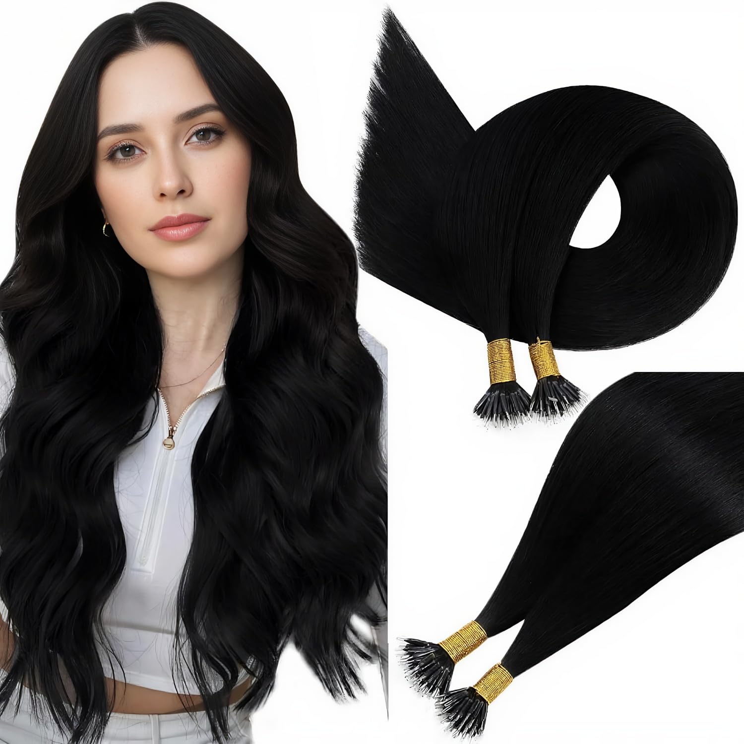 Easyouth Nano Ring Hair Extensions Jet Black Nano loop Hair Extension Real Human Hair Cold Fusion Nanobeads Hair Extensions for Women 16 Inch 50g/50s #1 — image 1