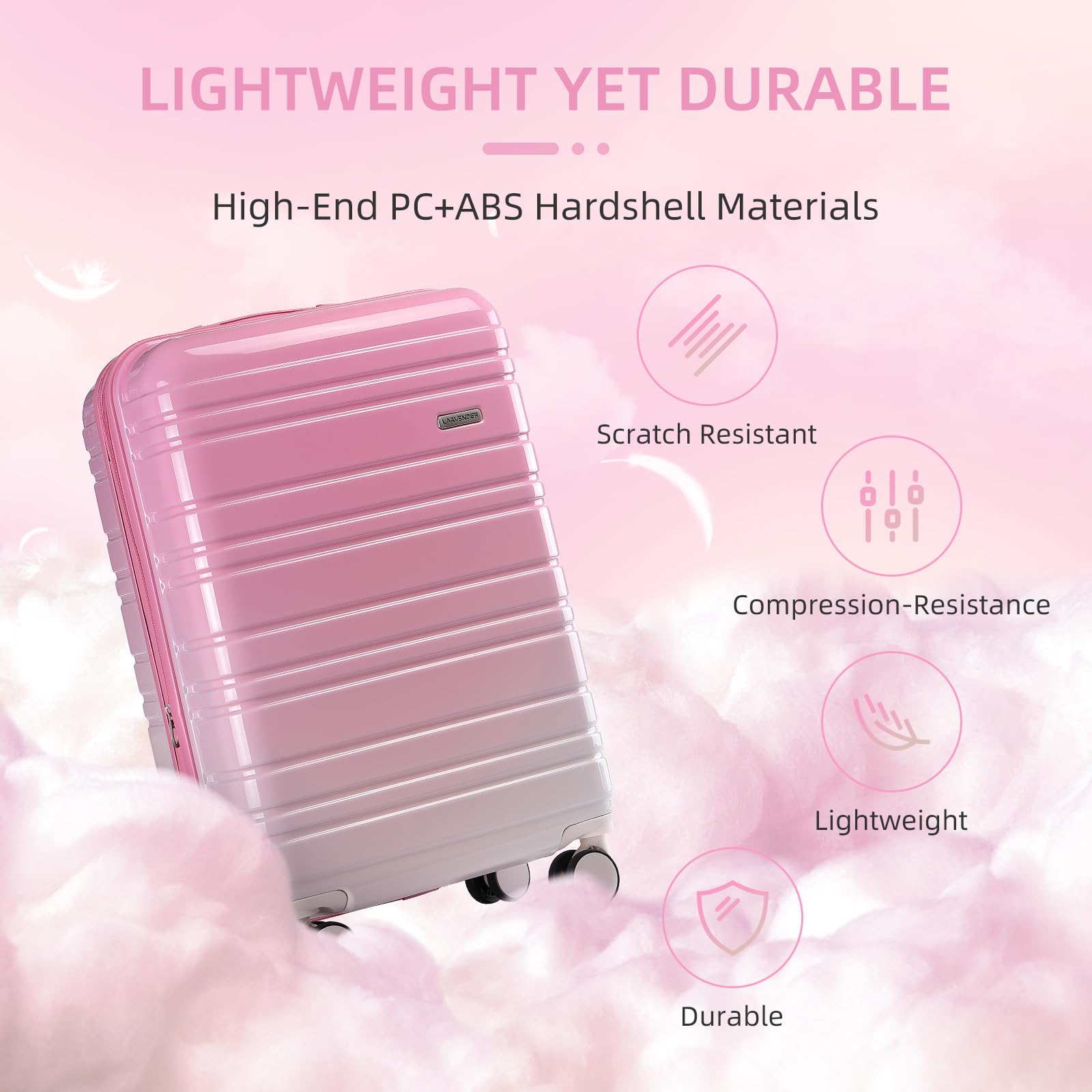 LARVENDER Luggage Sets 3 Piece, 20 Inch Carry on Luggage 22x14x9 Airline Approved Hardside PC+ABS Suitcase Set with Spinner Wheels TSA Lock, Lightweight Luggage Set for Women, Peach Sparkling