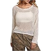 WDIRARA Women's Hollow Out Crochet Sweater Long Sleeve Boat Neck Loose Knitted Tops