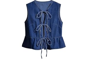 SHENHE Women's Y2k Tie Front Denim Vest V Neck Ruffle Hem Sleeveless Peplum Jean Top Shirt