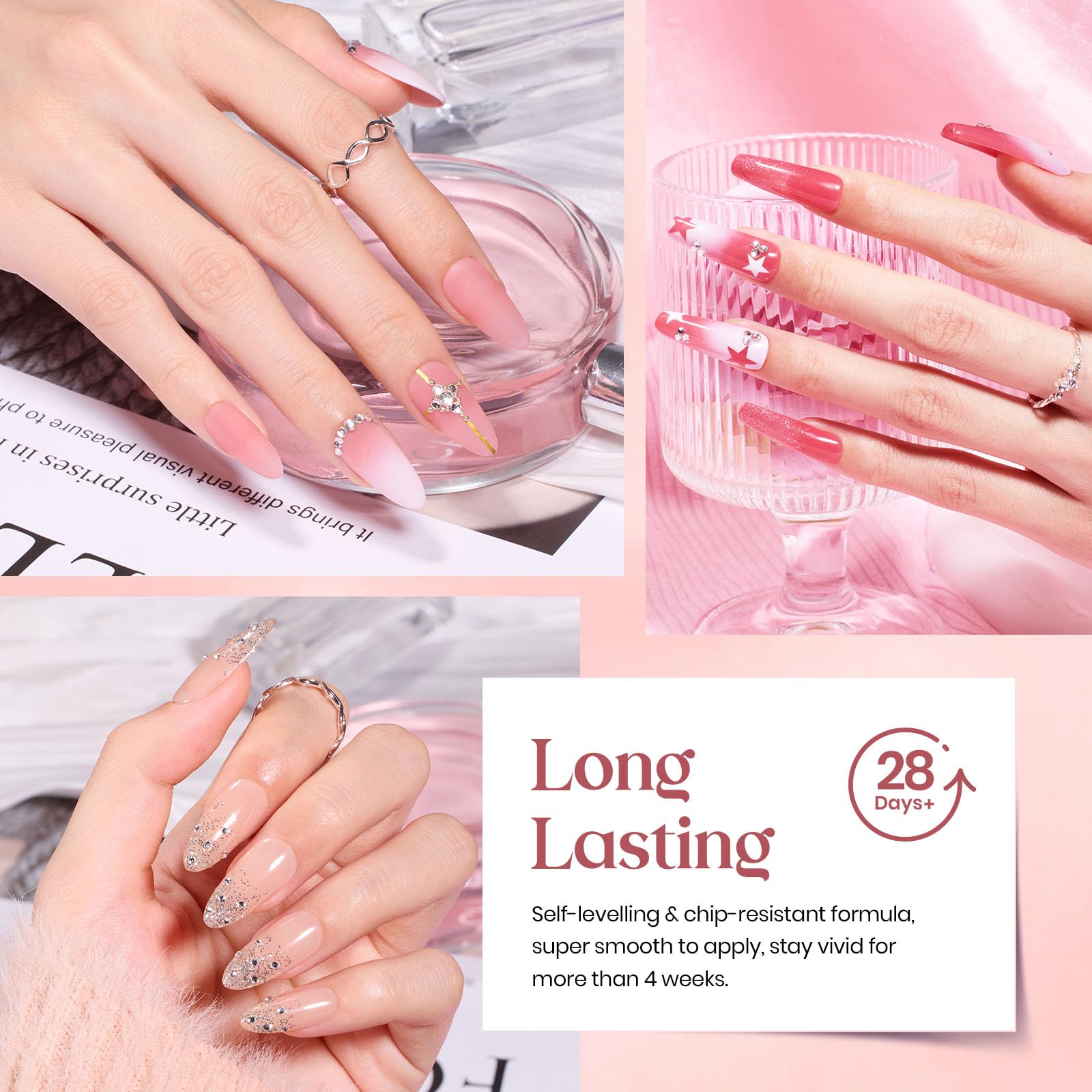 Beetles Pink Nude Gel Nail Polish Kit, 25PCS 20 Colors Neutral Jelly Pink Sheer Glitter White Gel Nail Kit Soak Off UV with Base Glossy Matte Top Coat Pearls Rhinestones Nail Charms Gift for Women - Image 2