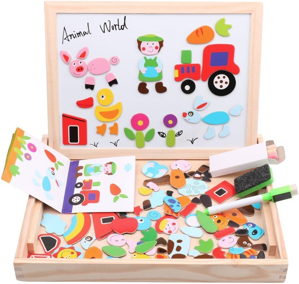 Diwenhouse Wooden Magnetic Jigsaw Puzzles Toy, Toddler Toys Educational Travel Puzzle Games Double Sided Drawing Easel for Boys and Girls (Animal)