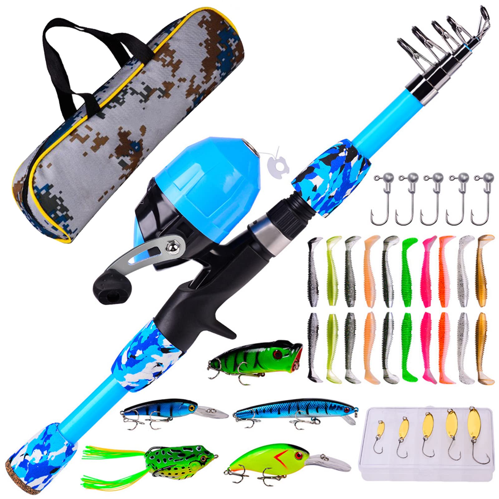 Joyeee Kids Fishing Kit, 1.5 Meters Telescopic Rod, Soft Baits, Metal Lures, Lifelike Lures, Fishing Rod Bag, Ages 6-10, Blue
