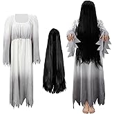 Fourluoo 2 Pcs Halloween Women Gossamer Ghost Costume Set White Victorian Vintage Dress Gown Black Wig for Horror Cosplay