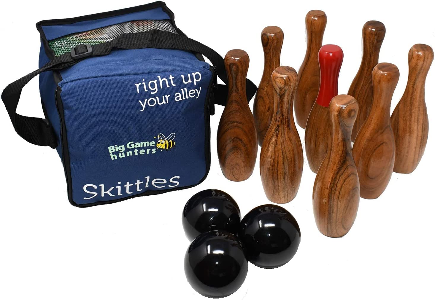 Big Game Hunters Wooden Skittles Premium Set - 9 Pin Polished Hardwood Lawn Bowling Game with Carry Bag (23cm High) - Wooden Garden Skittles for Adults and Kids