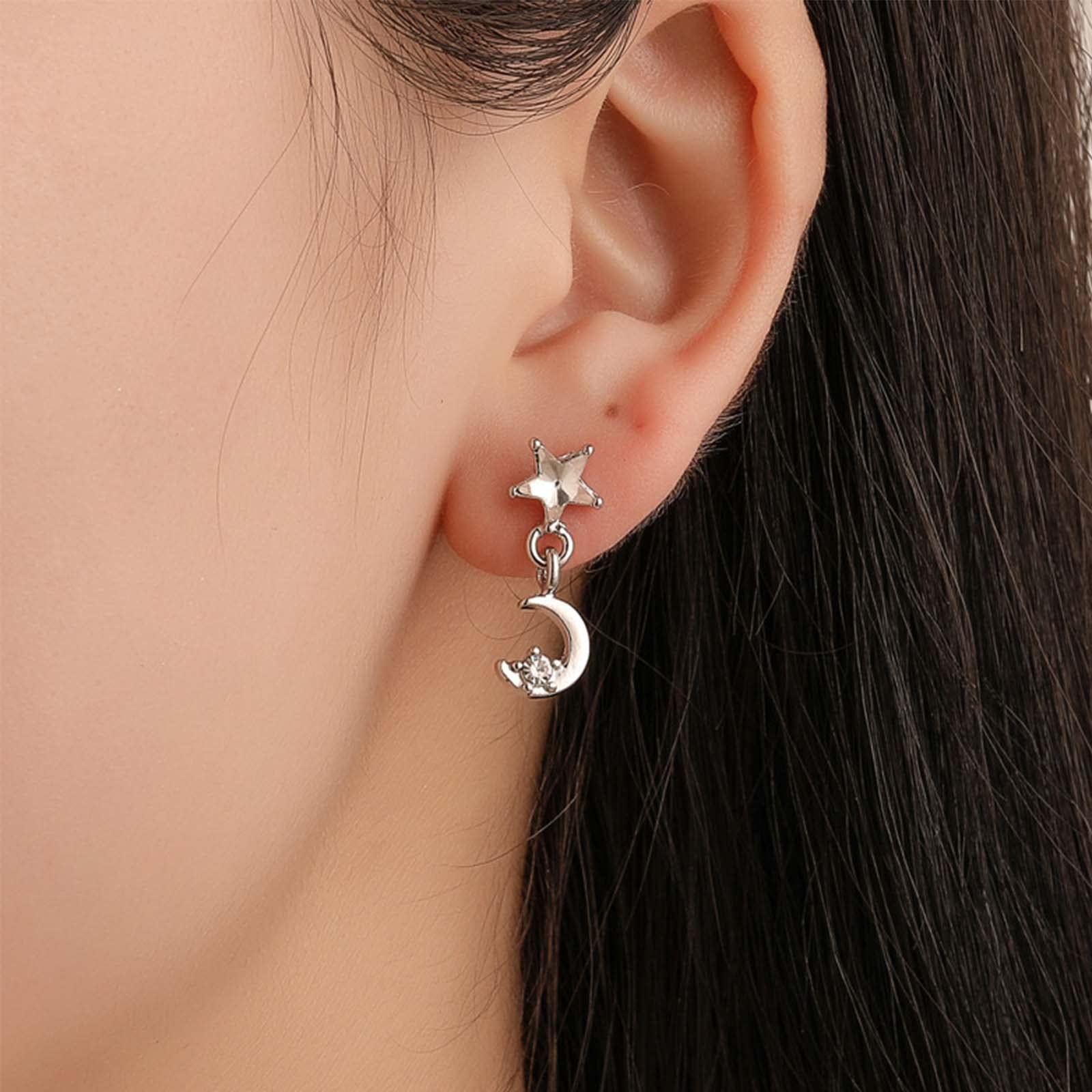 Yienate Crystal Star Moon Drop Earrings Silver Asymmetrical Tiny Crescent Star Dangle Earrings Crystal Prom Earrings Studs Jewelry for Women Girls
