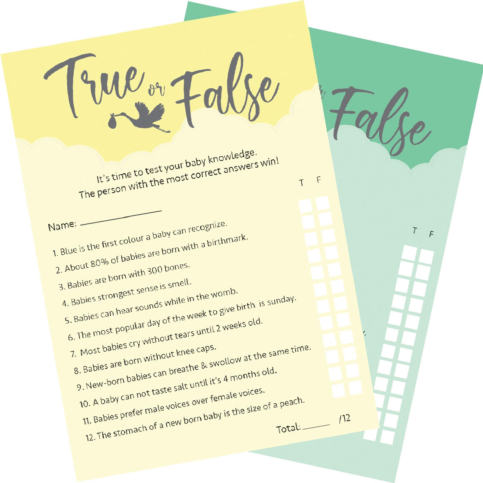 24 x Yellow Baby Shower Games True Or False 24 Game Cards and 1 Answer Card Boy/Girl/Unisex (Yellow, 24)