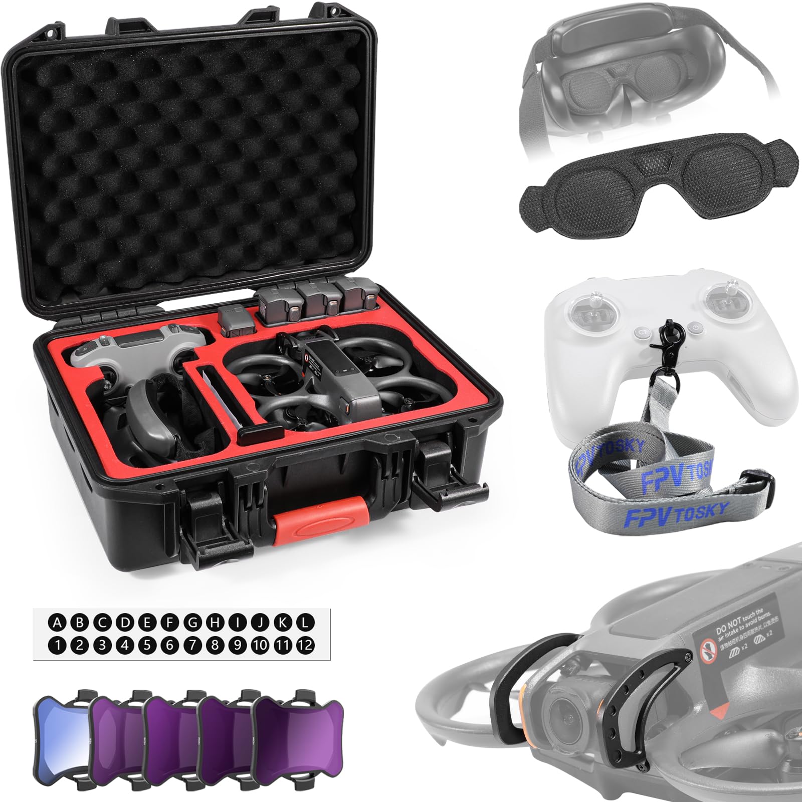 Photo 1 of **CASE ONLY W/ SOME ACCESSORIES** FPVtosky 6-IN-1 Avata 2 Accessories Kit, Avata 2 Hard Case, Gimbal Bumper, 5pack ND Filter Set, Goggle 3 Dust Cover, Neck Lanyard, Battery Digital Sticker for DJI Avata2 Drone Combo Accessories