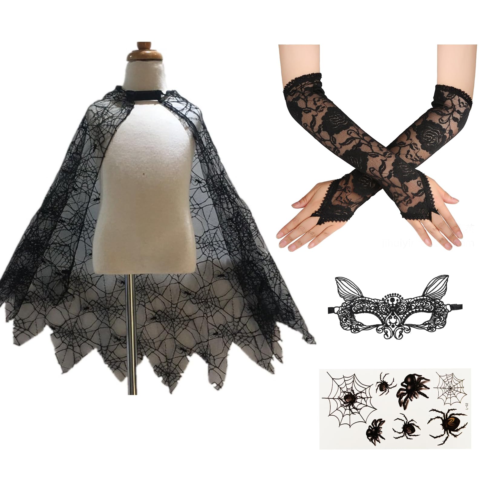 Lifreer Day of the Dead Halloween Costume Set Include Spider Web Cape, Long Finger Loop Gloves, Black Lace Mask, Face Tattoos for Halloween Costume Accessory