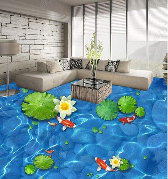 Personalizado Vinilos Suelos Hermoso Guijarro Hoja De Loto Nueve Peces