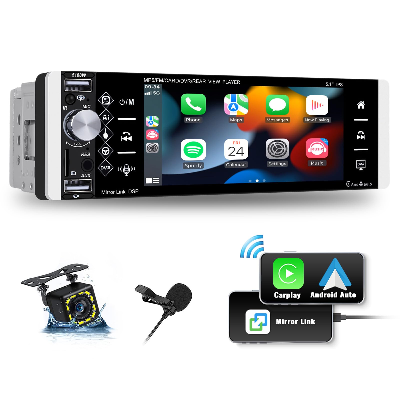 Photo 1 of UNITOPSCI Single Din Touch Screen Car Stereo 5.1 Inch Wireless Apple CarPlay Android Auto FM/AM Car Radio Bluetooth Mirror Link MP5 DVR USB AUX TF Card Input + Backup Camera Mic Remote Control