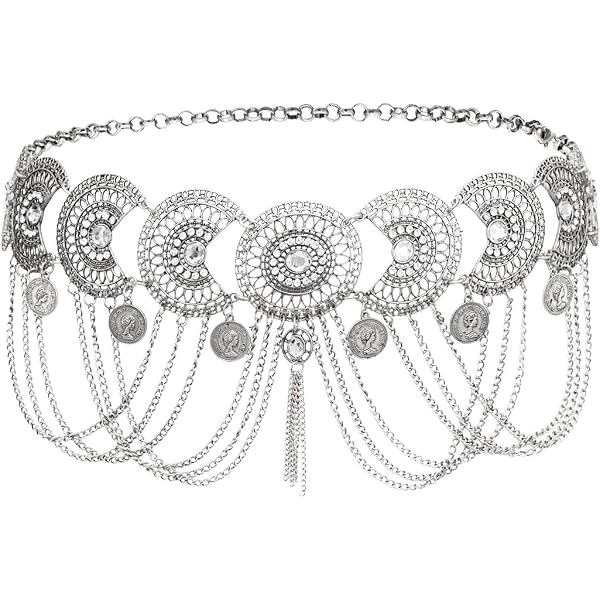 Vintage Silver Floral Crystal Pendant Waist Belt Belly Chain - Women Jewelry 90s Silver Tone Floral Metal Chain Belt | Long Chain Belt  main image 2