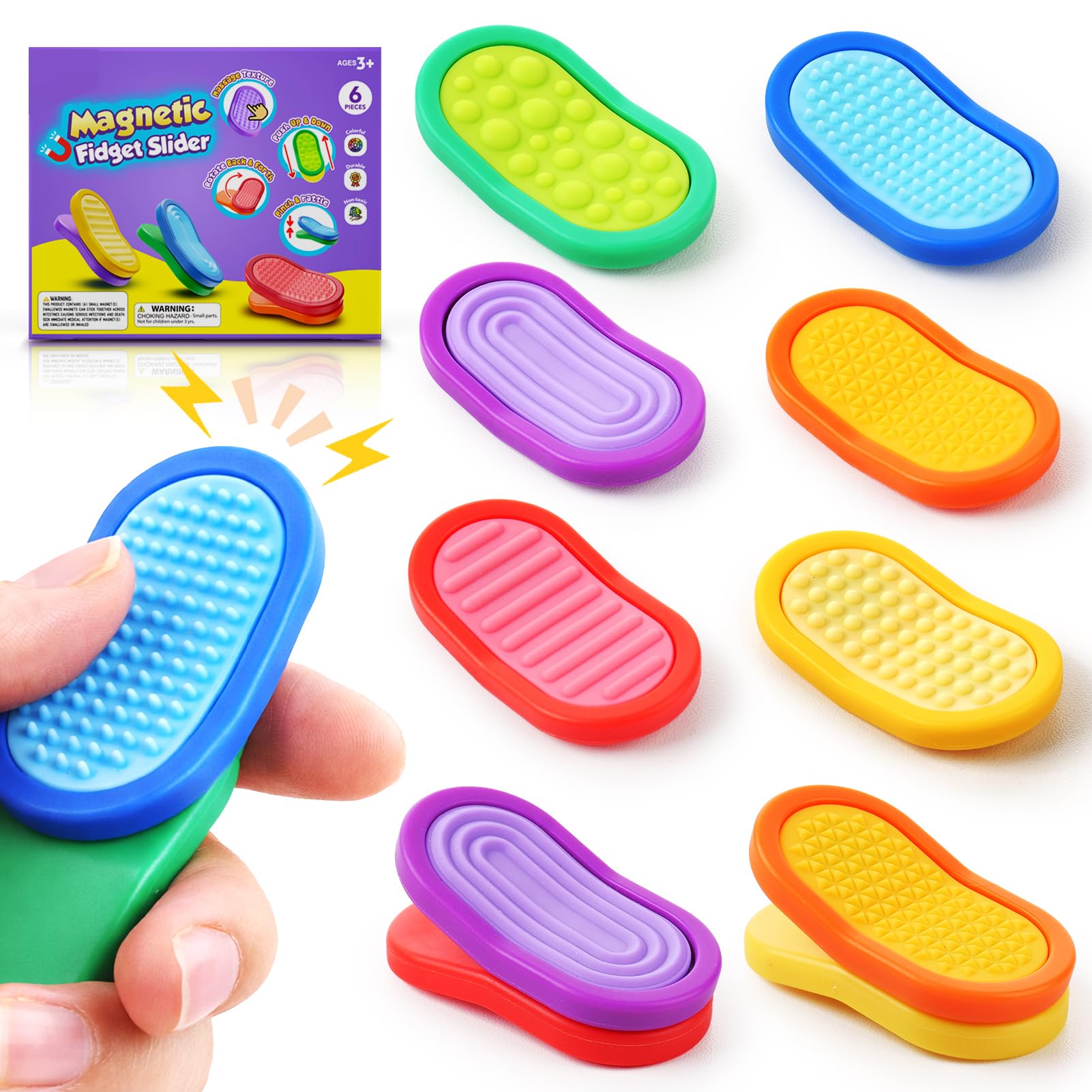 Fidget Sensory Toys for Kids- 6 Pack Silicone Textured Sensory Slider for Kids Calming - Magnetic Fidget Toys for Students Stress Relief - ADHD Small Fidget Toys for Classroom Prizes